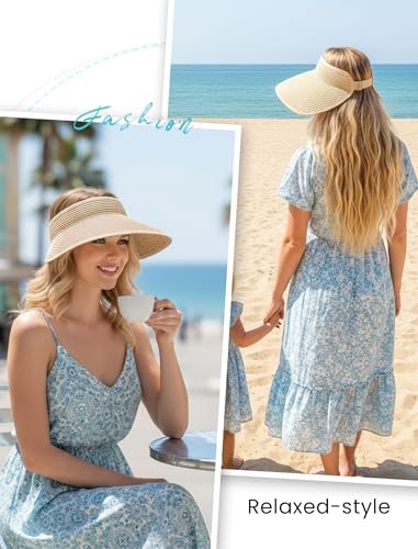 CHUNG Women Straw Sun Visors Wide Brim Ladies Beach Hat Open Top Ponytail Packable Vacation Summer Travel - color: E-beige