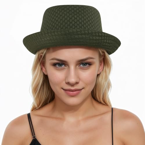 Soft Cool Mesh Fedora Hat Short Brim 1920s Classic Pork Pie Hat Summer Beach Panama Derby Cap for Men Women - color: Forest