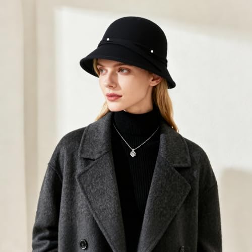 Women Cloche Felt Hat Winter Wool Bucket Hat Vintage Fedora Bowler Hat - color: 1-black