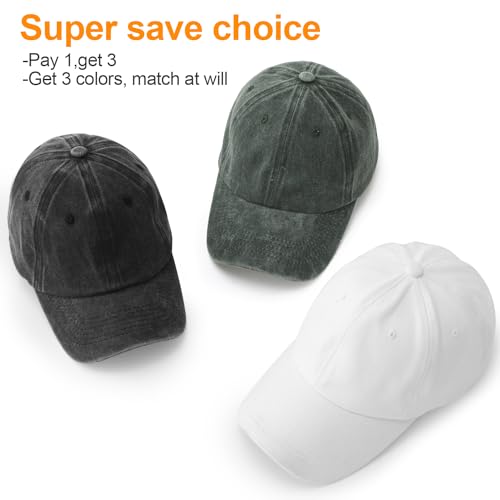 MEINICY 3 Packs Washed-Cotton Plain Baseball Cap, Adjustable Dad Hat - color: Black + White + Army Green