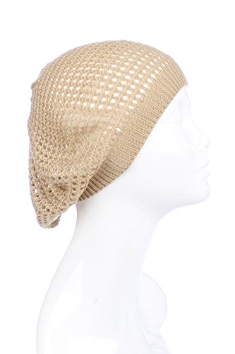 an Womens Lightweight Cut Out Knit Beanie Beret Cap Crochet Hat - Many Styles - color: Beige Open Knit
