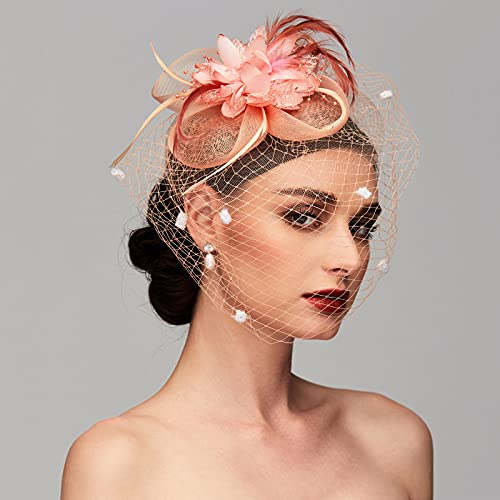 Tea Party Hat Fascinators Hats for Women Vintage Lace Mesh Floral Feather Hair Clip Headband with Veil for Church Wedding - color: Peach