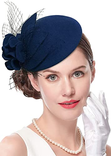 Wool Fascinator Pillbox Hat Winter British Wool Felt Hat for Women Wedding Church Hat Flower Fedoras - color: 2006 Dark Blue