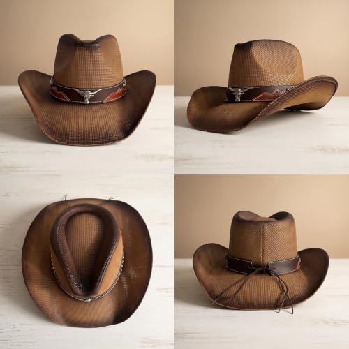Straw Cowboy Hats for Women and Men - color: Sf-bronw, size: Medium