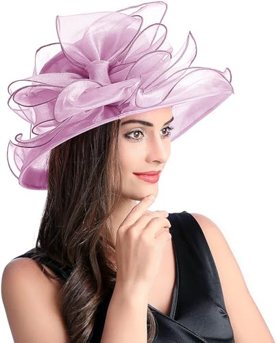 Women's Kentucky Derby Church Dress Hat Wide Brim Leaf Flower Bridal Shower Hat - color: S4-pink,purple