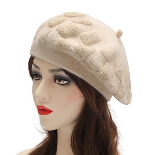 ZLYC Women French Beret Hat Reversible Solid Color Knit Warm Artist Cap - color: Checkered Beige