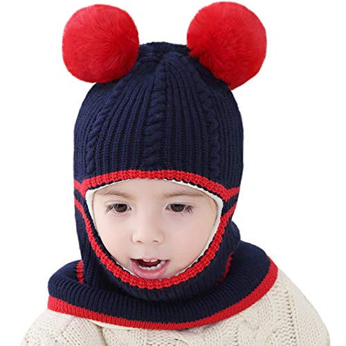 Toddler Winter Hat Baby Balaclava 2 in 1,Fleece Lined Knitted Beanie with Face Mask, Ear Flaps & Pom Pom for Boys Girls - color: Bear-dark Blue
