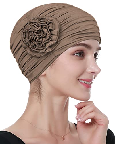 Alnorm Flower Design Chemo Hair Loss Caps Cancer Headwear for Women - color: Khaki