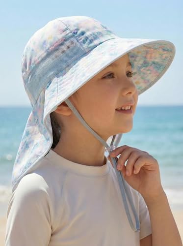 icolor Kids Sun Hat UPF50+ Sun Protection Bucket Hat Toddler Summer Beach Play Hats with Neck Flap for Girl Boy Ages 3~10 - color: Dreamy Ocean