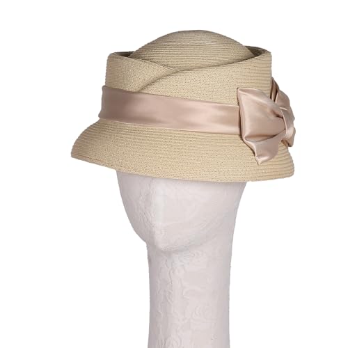 Women’s Vintage Straw Cloche Church Hat with Satin Bow | Elegant Bowler Bucket Hat for Tea Party Wedding Garden Formal Events - color: Neutral Beige