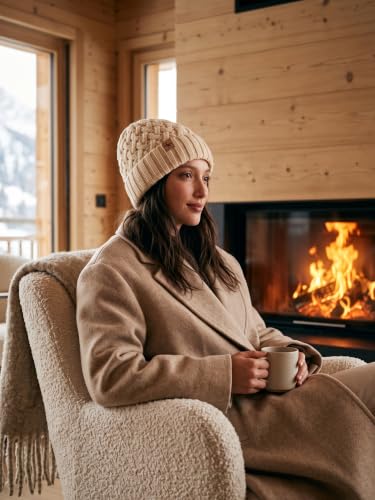 Winter Hats for Women Cable Knit Chunky Skull Cap Fleece Lined Thick Fold Cuff Beanie hat - color: Oatmeal, style: Pineapple