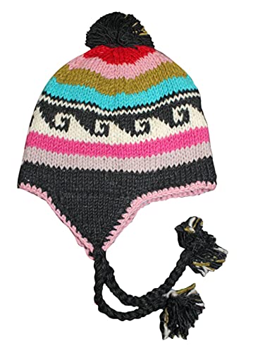 Wool Hand Knit Unisex Fleece Lined Ear Flap Beanie Sherpa Cap Hat Nepal - color: Multicolor Wave