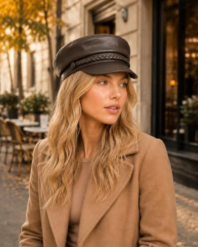 C.C Cotton Fisherman Cap for Women – Classic Fiddler Hat, Lightweight Breathable Cotton, Trendy Greek Fisherman Style - color: Faux Leather-brown