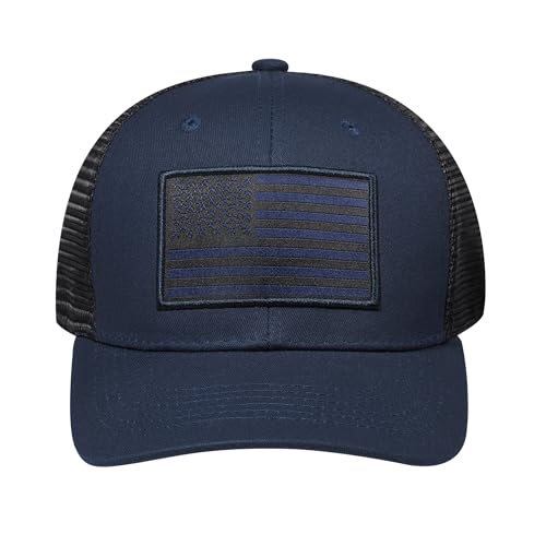 American Flag Trucker Hat, Patriotic Baseball Cap for Men & Women, Breathable Mesh Adjustable Snapback, USA Flag Patch - color: Navy