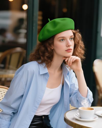 French Beret Hats for Women - Wool Solid Color Beanie Cap - color: Apple Green