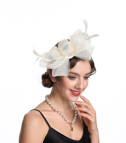 SAFERIN Elegant Women's Fascinator Hat with Veil and Feather Hair Clip Headpiece for Weddings Tea Party - color: St09-cream