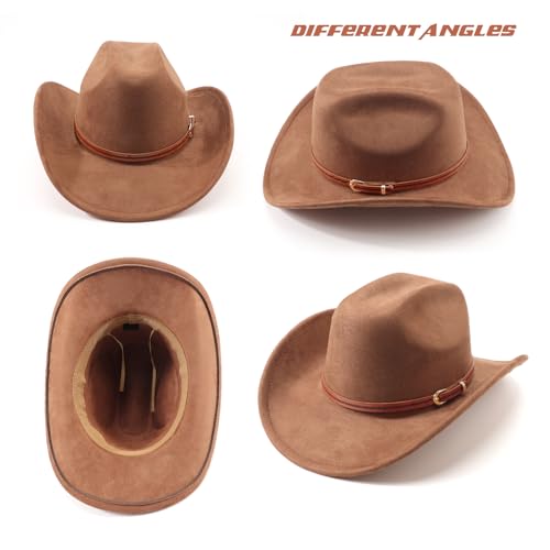 DRESHOW Cowboy Hat for Women and Men Wide Brim Western Cowboy Cowgirl Hat with Belt Buckle Unisex Rolled up Caps - color: Brown