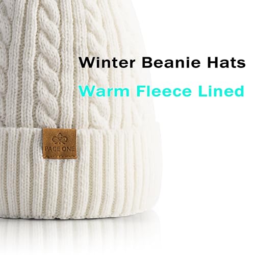 PAGE ONE Women Winter Pom Pom Beanie Hats Warm Fleece Lined Knit Hat Chunky Trendy Cute Cap - color: White-1