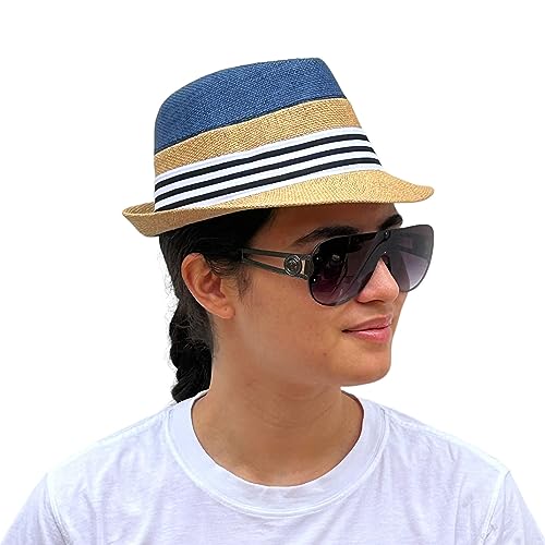 SILVERFEVER Fedora Hats Mens Women Sun Beach Derby Panama Summer Hats Gangster Cuban Jazz - color: Blue Beige W Stripe
