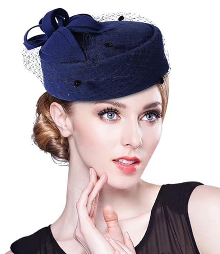 Z&X British Vintage Wool Felt Pillbox Hat Ladies Church Derby Winter Fascinator Hat Veil Flower Fedoras - color: A- Navy Blue