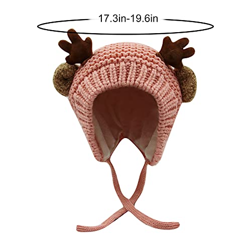 AIBEARTY Cute Deer Elk Antlers Baby Hat Winter Warm Plush Knitted Ear Warmer Bonnet Boys Girls Cap Beanie with Chin Strap - color: Pink