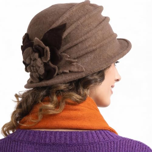 Vintage Women Floral Wool Dress Cloche Winter Hat 1920s - color: C020-d-brown