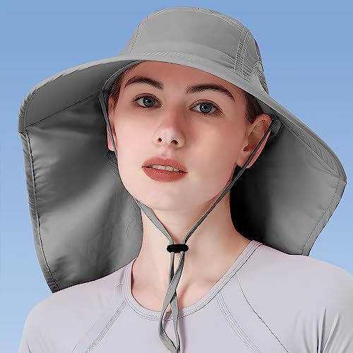 Womens Sun Hat UV Protection, Foldable Waterproof Wide Brim Bucket Hats with Neck Flap for Summer Beach Fishing Hiking - color: Drak Grey