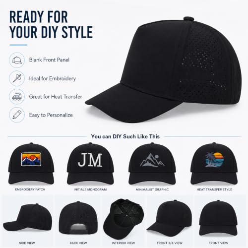 5 Panel Baseball Cap Quick Dry Mesh Snapback Hat for Women Men - color: Black