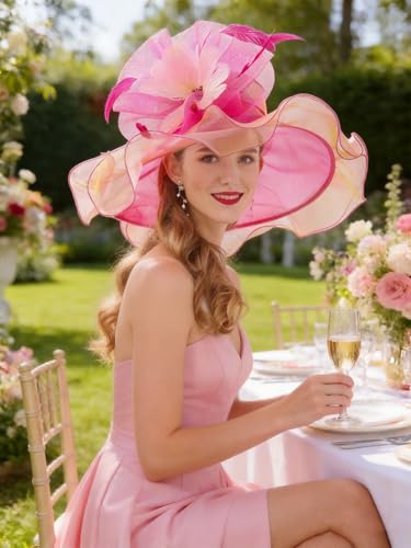 Z&X Women Organza Church Derby Hat Wide Brim Sun Hats for Wedding Tea Party Fascinator Hat, Dual-use - color: 013b- Rose Pink