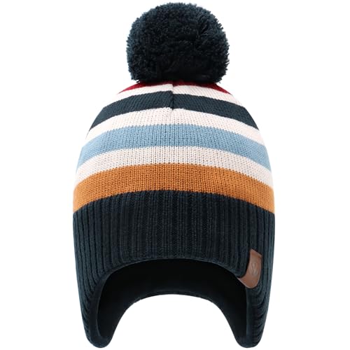 Duoyeree Kids Beanie Dinosaur Pom Pom Knit Winter Hat Fleece Lined for 1-7T - color: Stripes, size: 1-2T