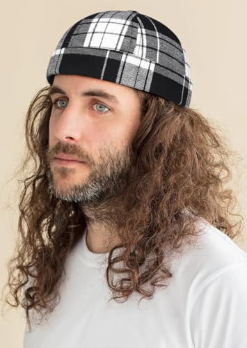 DIYDECAL Striped Plaid Brimless Worker Cap,Retro Skullcap Docker Hat for Men Womens - color: Black