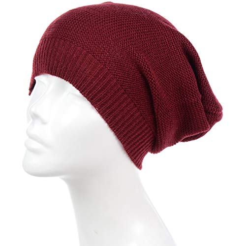 an Unisex Striped Knit Slouchy Beanie Hat Lightweight Soft Fashion Cap - color: 5104-burgundy