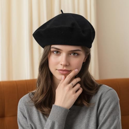 Women's Wool Beret: 70% Wool French Hat for Daily, Lightweight & Chic Berets for Women - color: Black