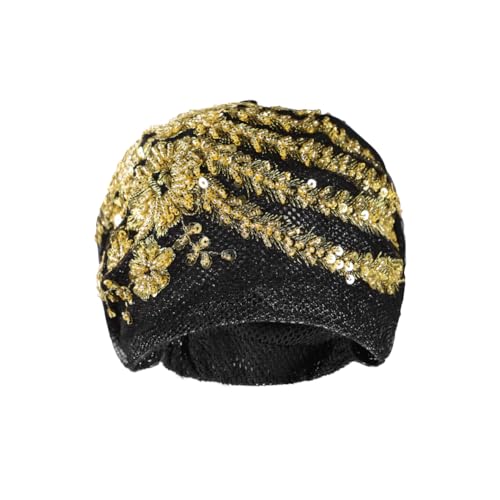 haozaikeji Women Flower Turban Hat Rhinestones Muslim Islamic Head Wrap African Pearl Turban Soft Stretchy Head Cover - color: Black-silver