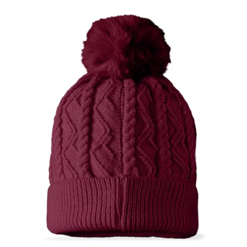 DALIX Cable Knit Pom Beanie Soft Stretch Skully Warm Fuzzy Faux Sherpa Winter Ski Beanie - color: Maroon