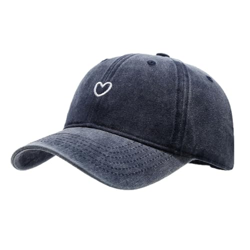 Women's Cute Heart Embroidered Baseball Cap Adjustable Vintage Washed Cotton Low Profile Dad Hat - color: Navy Blue