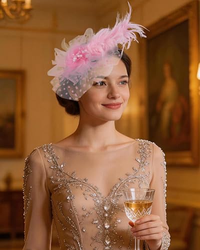 Zinniday Victoria Fascinators Hats for Women - 2026 Kentucky Feather Mesh Derby Hat 1920s Tea Party Headwear for Church - color: Pink