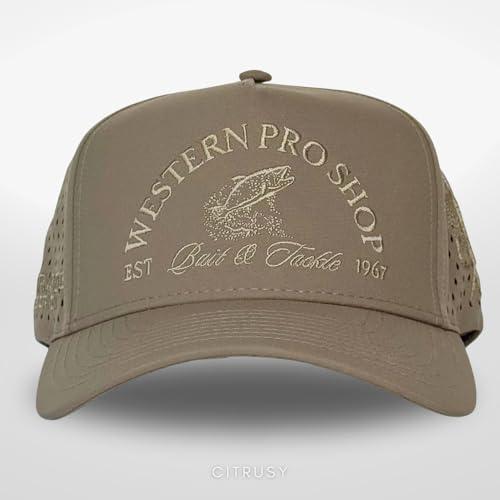 CITRUSY Athletic Trucker Golf Hat | Performance Mens 5 Panel Cap | Cool Breathable Waterproof Workout Running Snapback - color: Western Pro Shop | Moss Brown