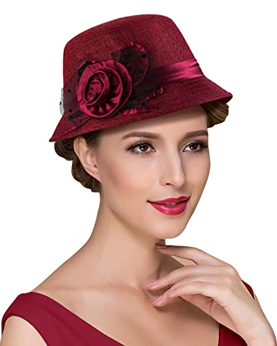 1920s Gatsby Church Cloche Derby Hats for Women Ladies Bow Bucket Wedding Bowler Hats Tea Party - color: Red