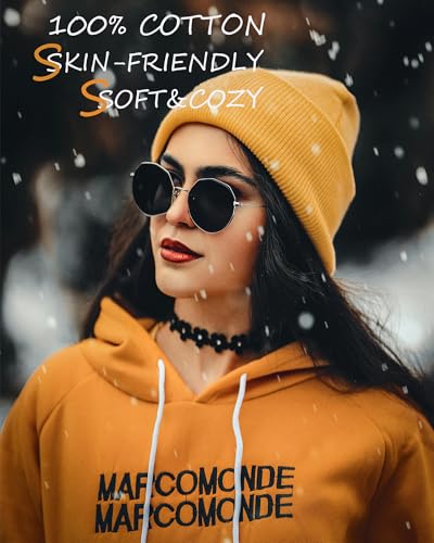 100% Cotton Beanie Lengthen Cuffed Beanies Knit Winter Hats Unisex - color: 1-yellow