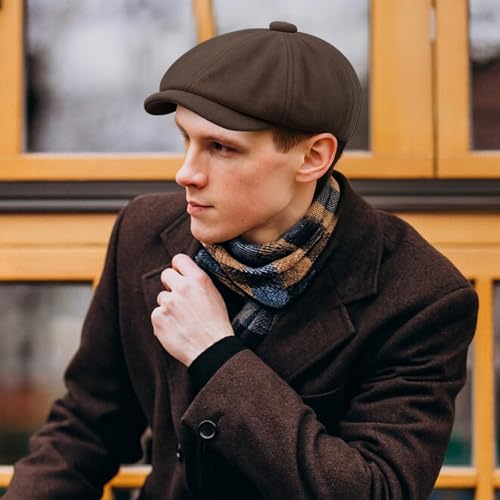 meioro Men's 8 Panel Newsboy Hat Winter Vintage Tweed Flat Cap - color: Brown