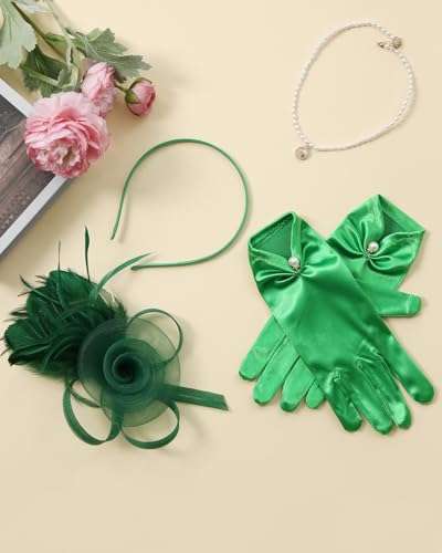 2Pcs 50s Fascinators Hats for Women Wedding Cocktail Flower Mesh Ribbons Feathers Church Tea Party Hats and Lace Glove - color: Green