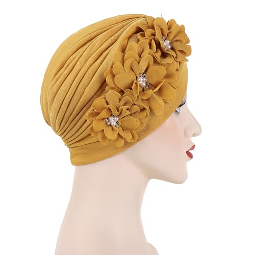 Flower Pre-Tied Turban Beanie, Soft Chemo Cap for Women Cancer Hair Loss - color: Yellow