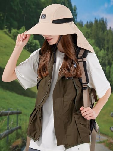 HUAMULAN Women Wide Brim Summer Sun Hat Ponytail Hole with Neck Flap - color: Beige With Black Mesh