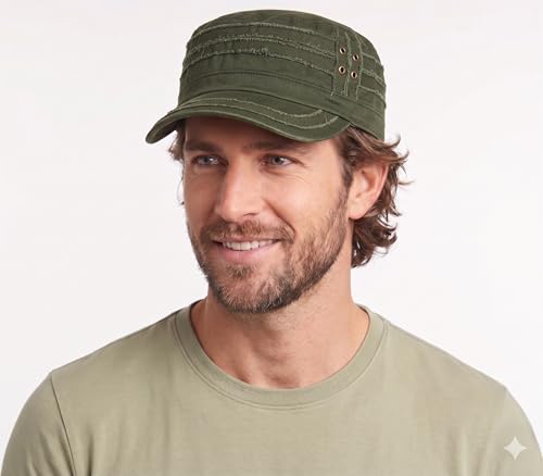 D&Y Unisex 100% Cotton Military Cadet Hat - Distressed Frayed Flat Top Cap - Adjustable Everyday Patrol Hat - color: Olive