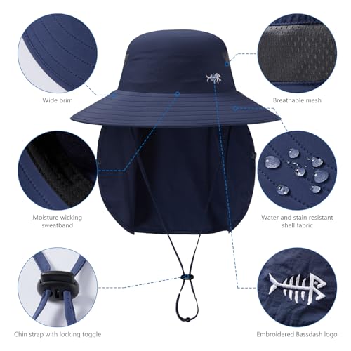 BASSDASH UPF 50+ Breathable Sun Hat with Removable Face Cover and Neck Flap Wide Brim Bucket Hat for Fishing Hiking Men Women - color: Dark Blue