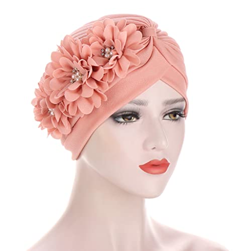 Flower Pre-Tied Turban Beanie, Soft Chemo Cap for Women Cancer Hair Loss - color: Light Pink