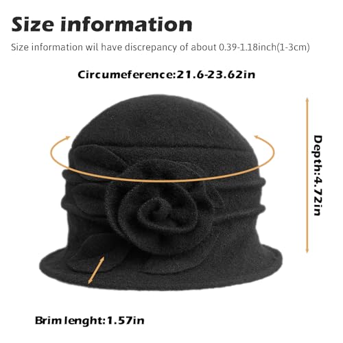 Winter Cloche 100% Wool Bucket Hat for Women Elegant Dress 1920s Vintage Fedora Hats Church Derby Party Fashion - color: 1black