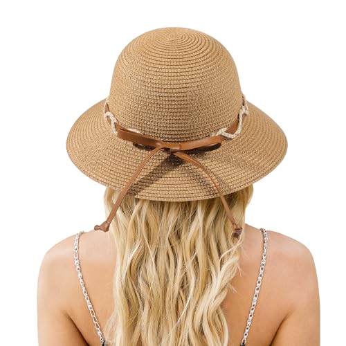 Beach Hat for Women, Wide Brim Sun Straw, UPF 50+ Foldable Floppy Sun Hat - color: E-khaki