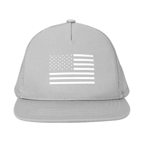 BROMZ Kids Youth American Flag Trucker Hat Flat Bill, Breathable Mesh Back Snapback Baseball Cap for Boys Girls 5-15 Years - color: Gray/White Flag